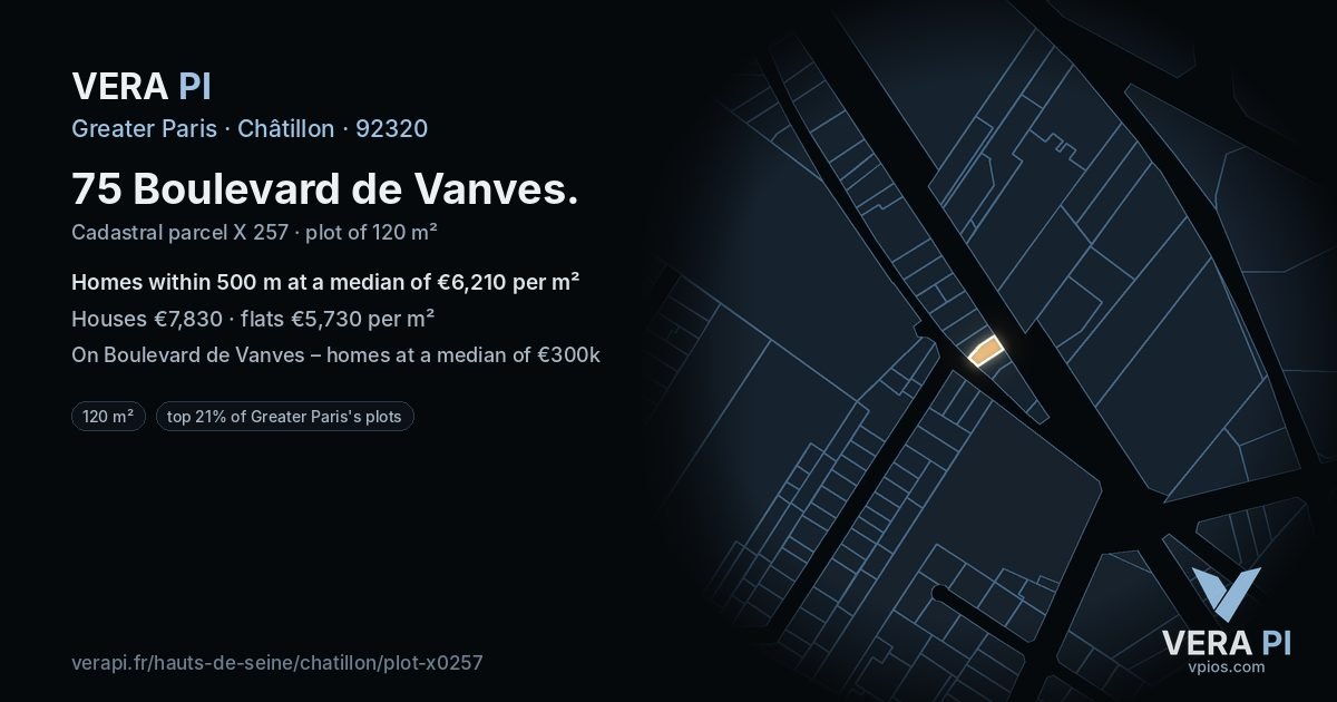 75 Boulevard de Vanves, Châtillon at night – the plot lit, the parcels around coloured by the prices near them