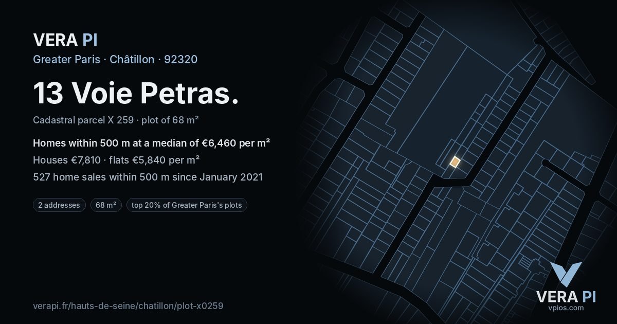 13 Voie Petras, Châtillon at night – the plot lit, the parcels around coloured by the prices near them