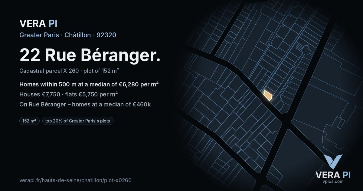 22 Rue Béranger, Châtillon at night – the plot lit, the parcels around coloured by the prices near them