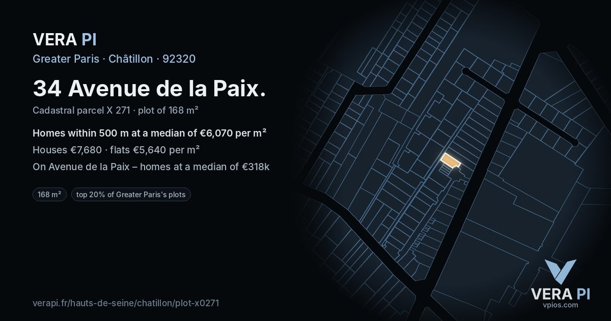 34 Avenue de la Paix, Châtillon at night – the plot lit, the parcels around coloured by the prices near them