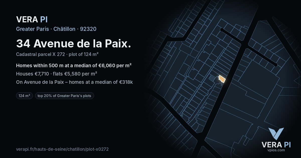 34 Avenue de la Paix, Châtillon at night – the plot lit, the parcels around coloured by the prices near them
