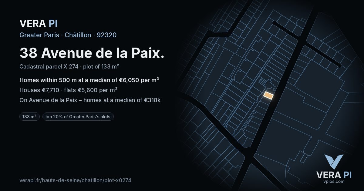 38 Avenue de la Paix, Châtillon at night – the plot lit, the parcels around coloured by the prices near them