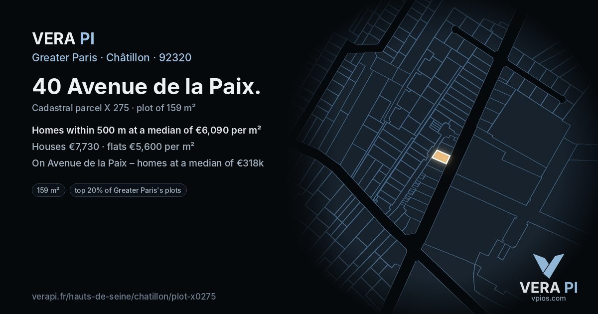 40 Avenue de la Paix, Châtillon at night – the plot lit, the parcels around coloured by the prices near them