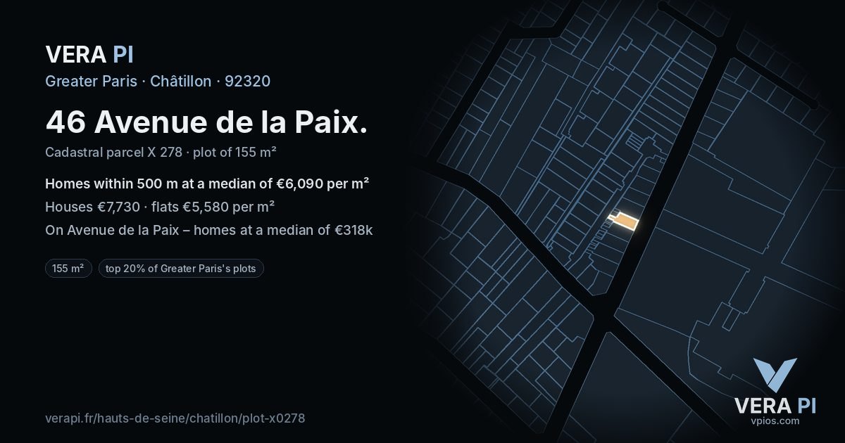 46 Avenue de la Paix, Châtillon at night – the plot lit, the parcels around coloured by the prices near them