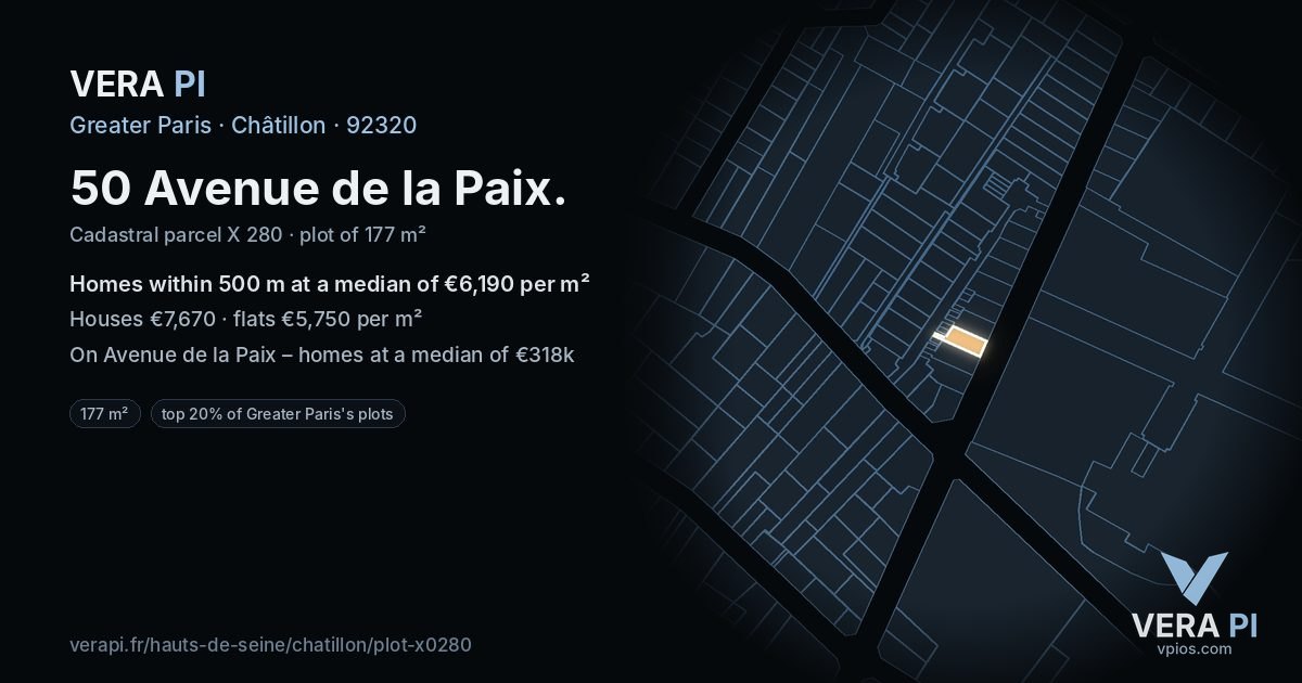 50 Avenue de la Paix, Châtillon at night – the plot lit, the parcels around coloured by the prices near them