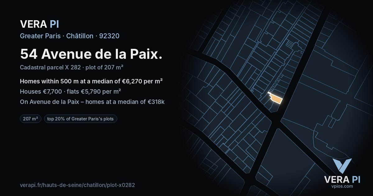 54 Avenue de la Paix, Châtillon at night – the plot lit, the parcels around coloured by the prices near them