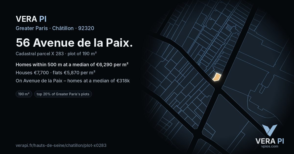 56 Avenue de la Paix, Châtillon at night – the plot lit, the parcels around coloured by the prices near them