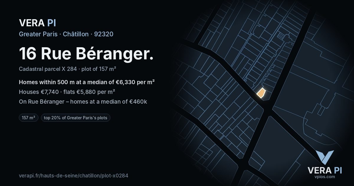 16 Rue Béranger, Châtillon at night – the plot lit, the parcels around coloured by the prices near them
