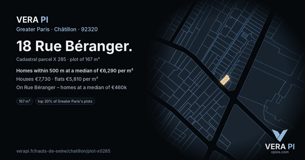 18 Rue Béranger, Châtillon at night – the plot lit, the parcels around coloured by the prices near them