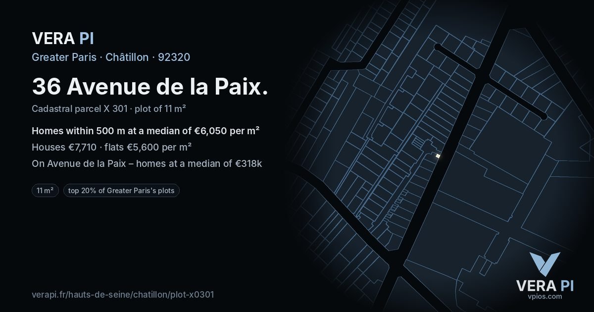 36 Avenue de la Paix, Châtillon at night – the plot lit, the parcels around coloured by the prices near them