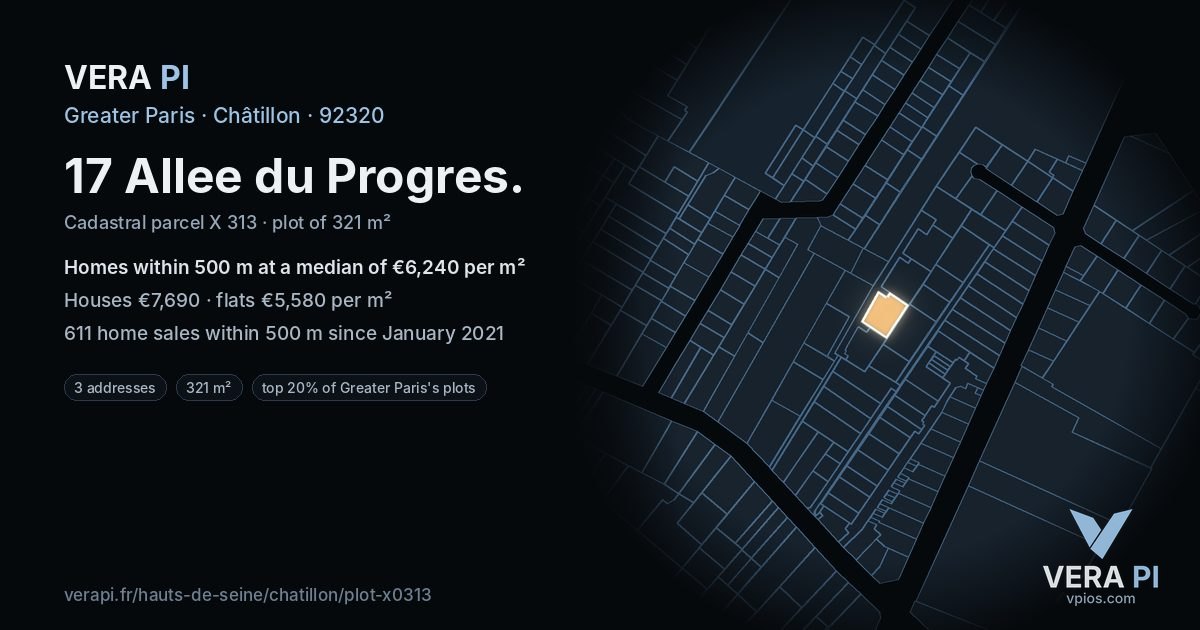 17 Allee du Progres, Châtillon at night – the plot lit, the parcels around coloured by the prices near them
