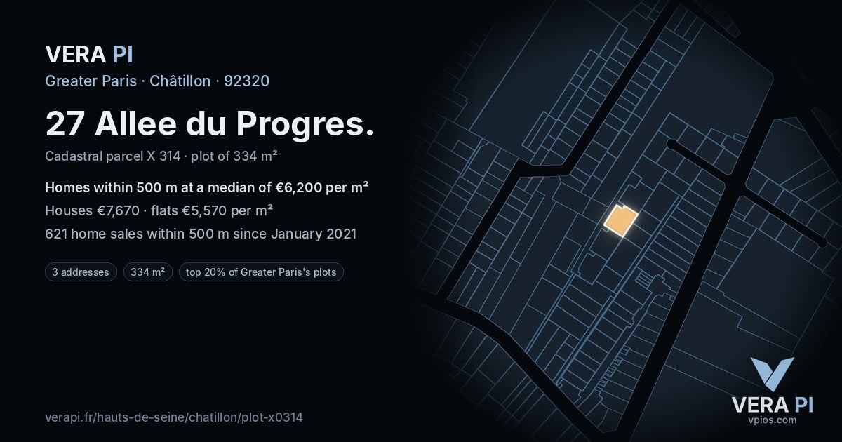 27 Allee du Progres, Châtillon at night – the plot lit, the parcels around coloured by the prices near them