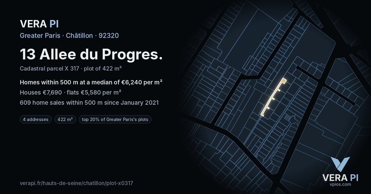 13 Allee du Progres, Châtillon at night – the plot lit, the parcels around coloured by the prices near them