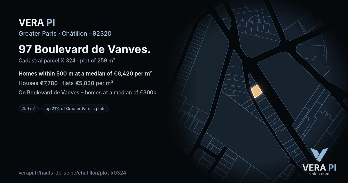 97 Boulevard de Vanves, Châtillon at night – the plot lit, the parcels around coloured by the prices near them