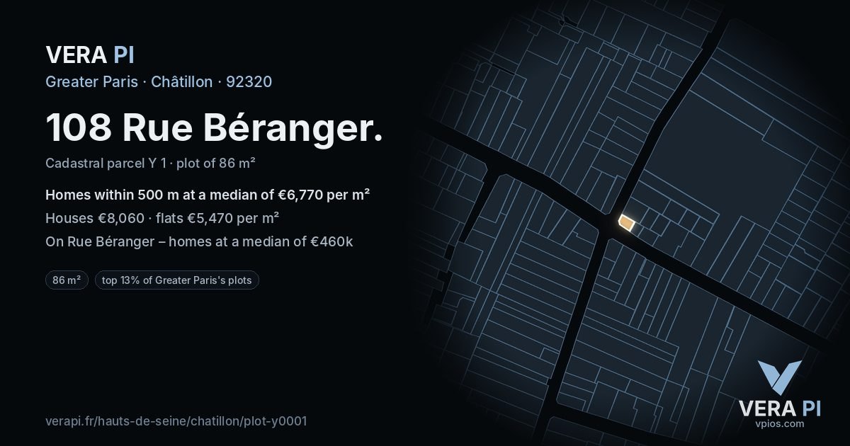 108 Rue Béranger, Châtillon at night – the plot lit, the parcels around coloured by the prices near them