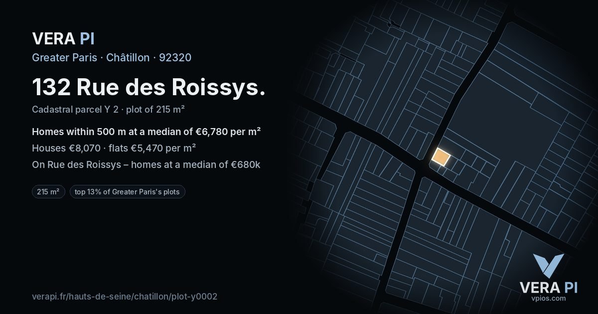 132 Rue des Roissys, Châtillon at night – the plot lit, the parcels around coloured by the prices near them
