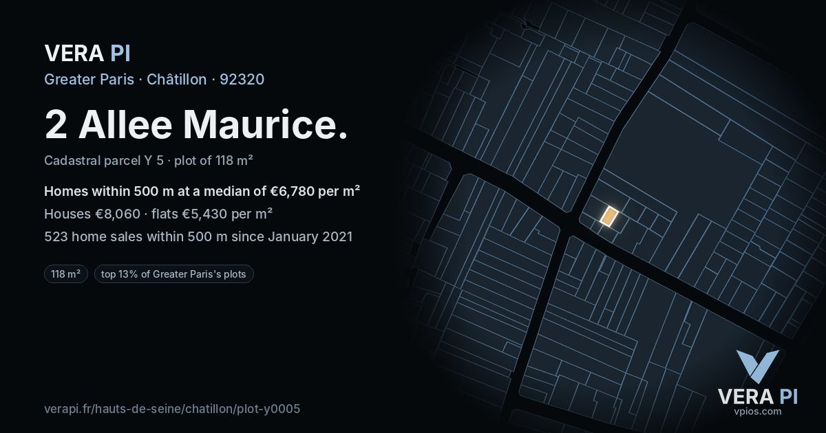 2 Allee Maurice, Châtillon at night – the plot lit, the parcels around coloured by the prices near them