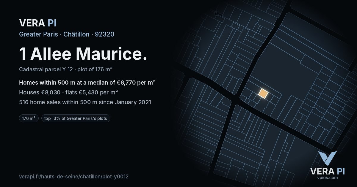 1 Allee Maurice, Châtillon at night – the plot lit, the parcels around coloured by the prices near them