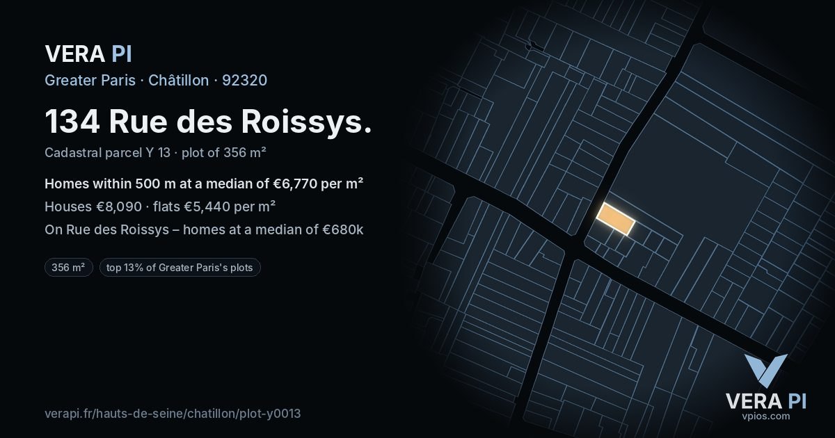 134 Rue des Roissys, Châtillon at night – the plot lit, the parcels around coloured by the prices near them