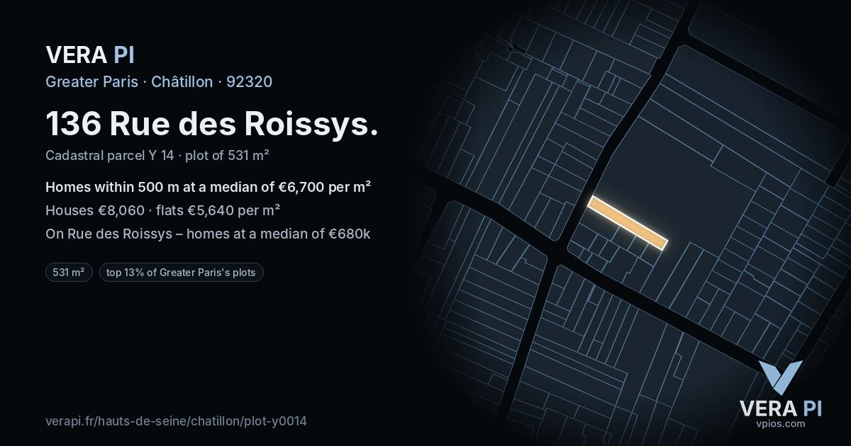 136 Rue des Roissys, Châtillon at night – the plot lit, the parcels around coloured by the prices near them