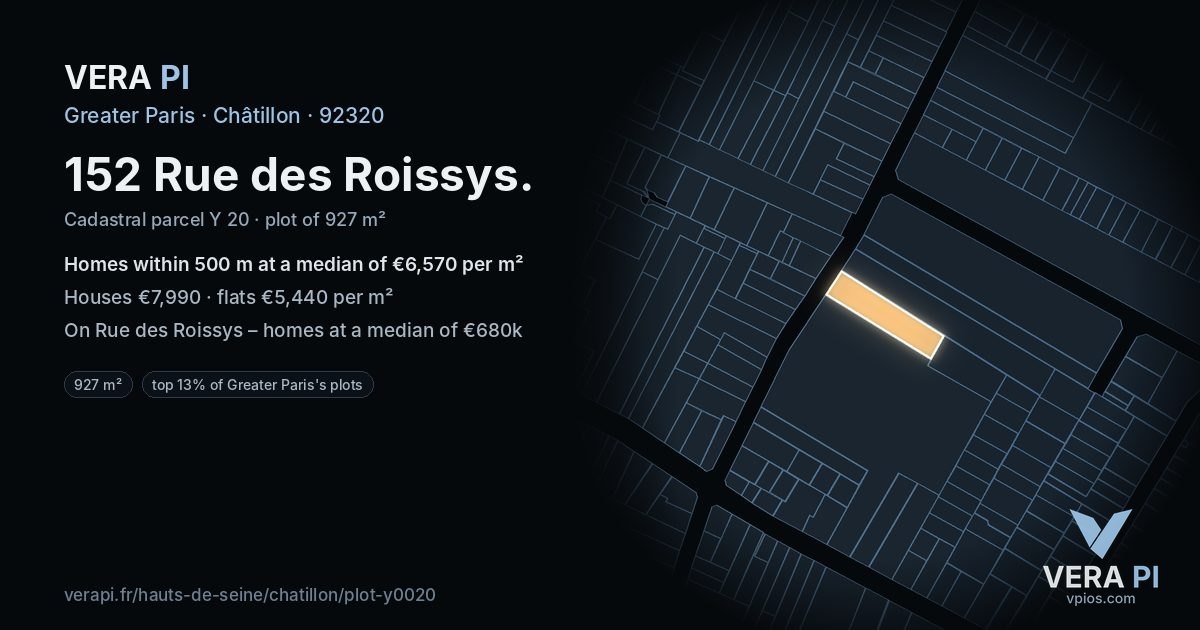 152 Rue des Roissys, Châtillon at night – the plot lit, the parcels around coloured by the prices near them