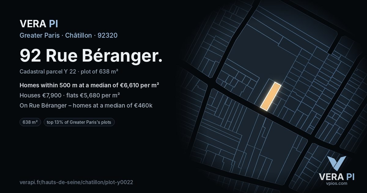 92 Rue Béranger, Châtillon at night – the plot lit, the parcels around coloured by the prices near them