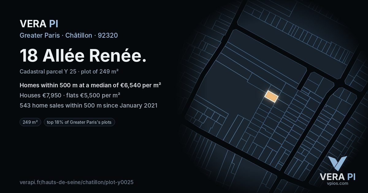 18 Allée Renée, Châtillon at night – the plot lit, the parcels around coloured by the prices near them
