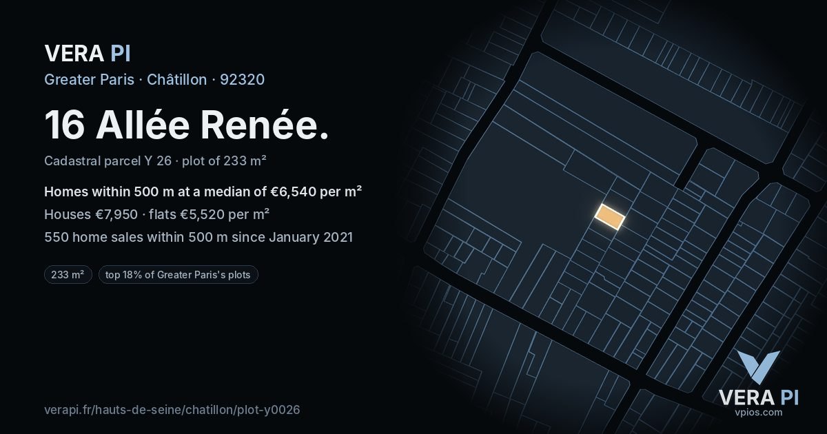 16 Allée Renée, Châtillon at night – the plot lit, the parcels around coloured by the prices near them