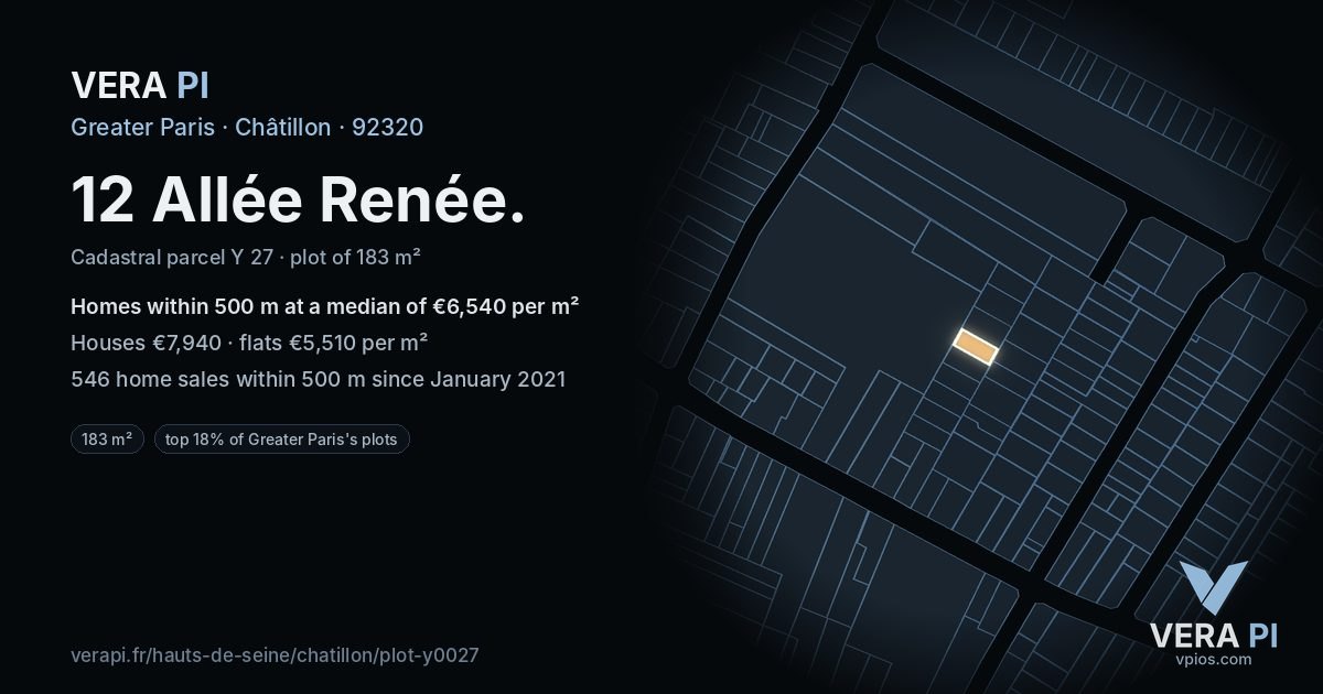 12 Allée Renée, Châtillon at night – the plot lit, the parcels around coloured by the prices near them