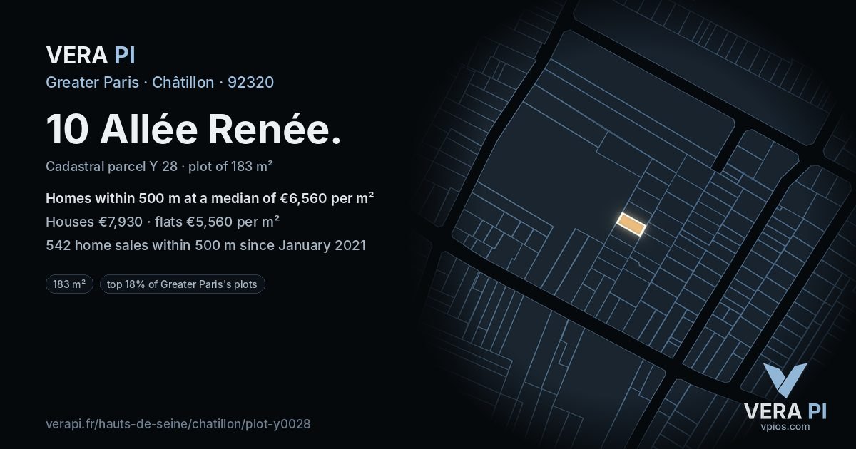 10 Allée Renée, Châtillon at night – the plot lit, the parcels around coloured by the prices near them