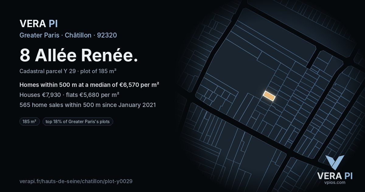 8 Allée Renée, Châtillon at night – the plot lit, the parcels around coloured by the prices near them