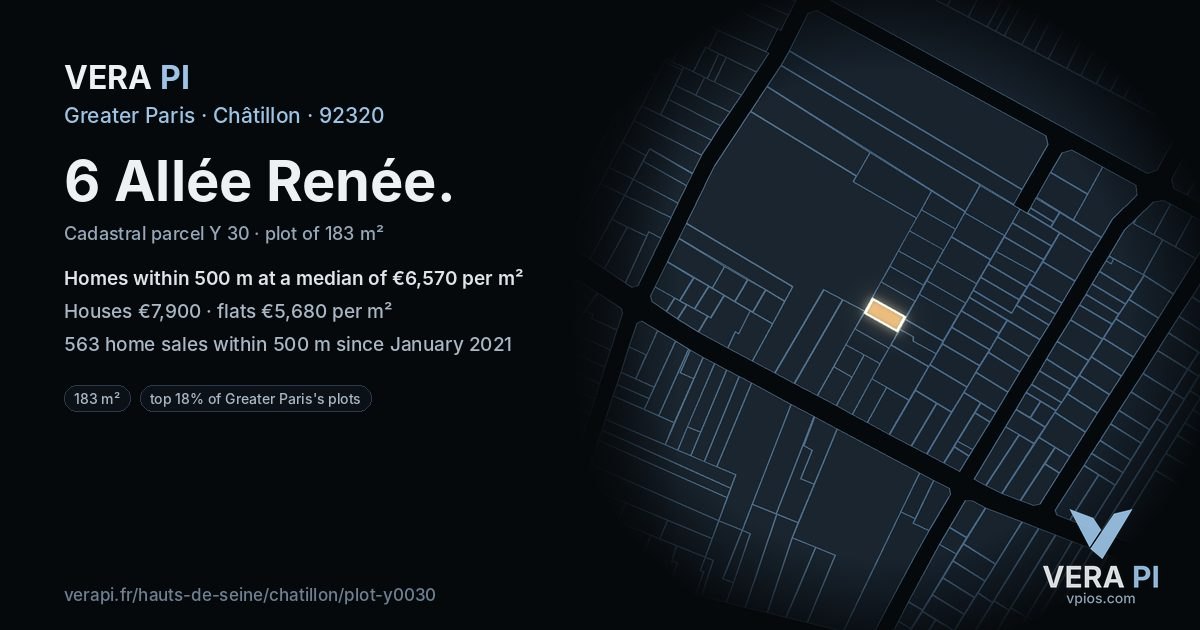 6 Allée Renée, Châtillon at night – the plot lit, the parcels around coloured by the prices near them