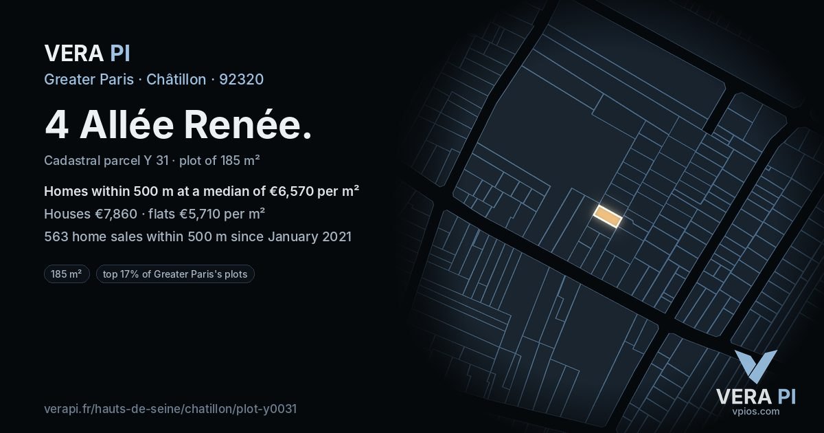 4 Allée Renée, Châtillon at night – the plot lit, the parcels around coloured by the prices near them