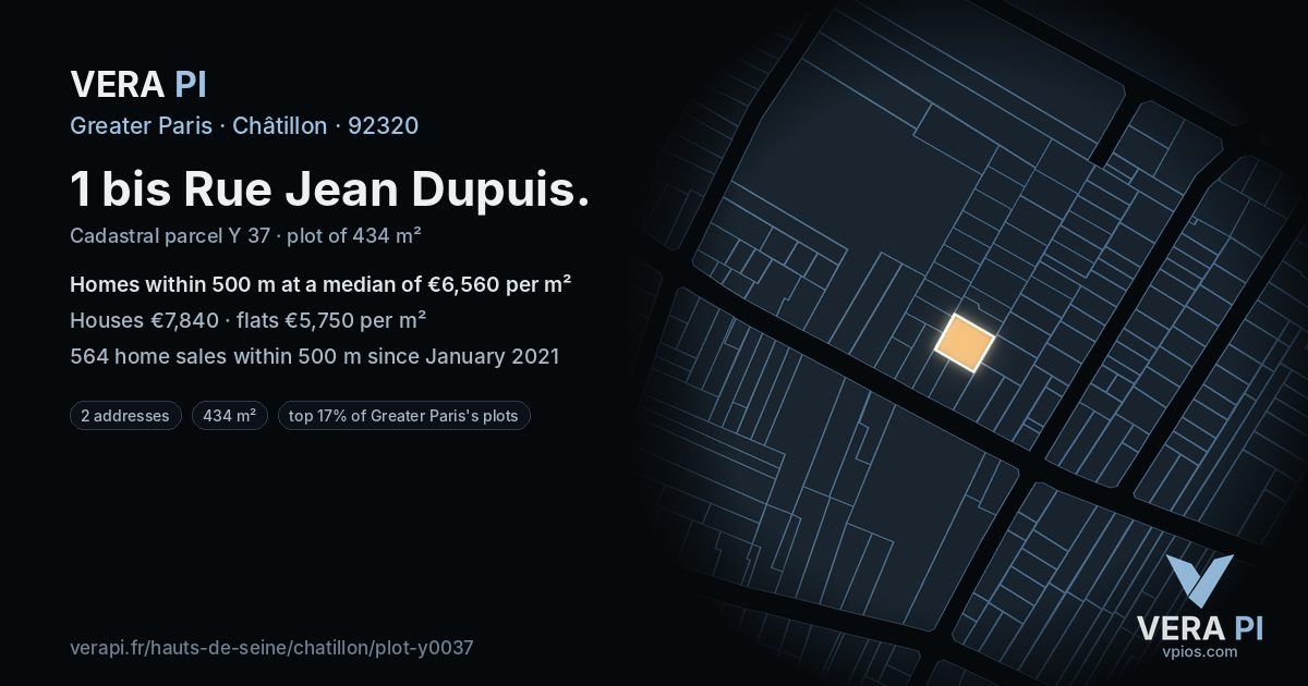 1 bis Rue Jean Dupuis, Châtillon at night – the plot lit, the parcels around coloured by the prices near them