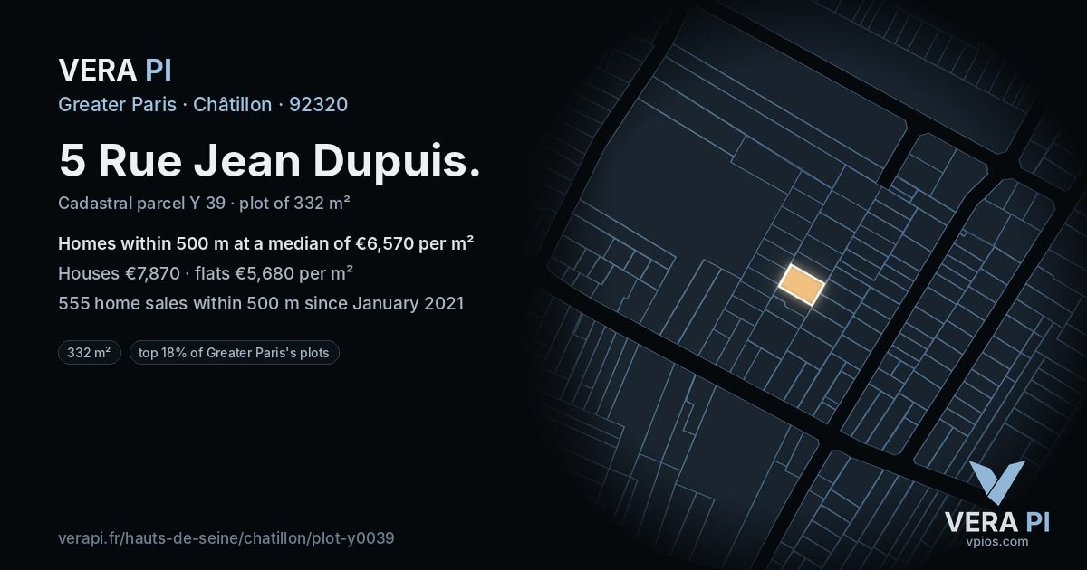 5 Rue Jean Dupuis, Châtillon at night – the plot lit, the parcels around coloured by the prices near them