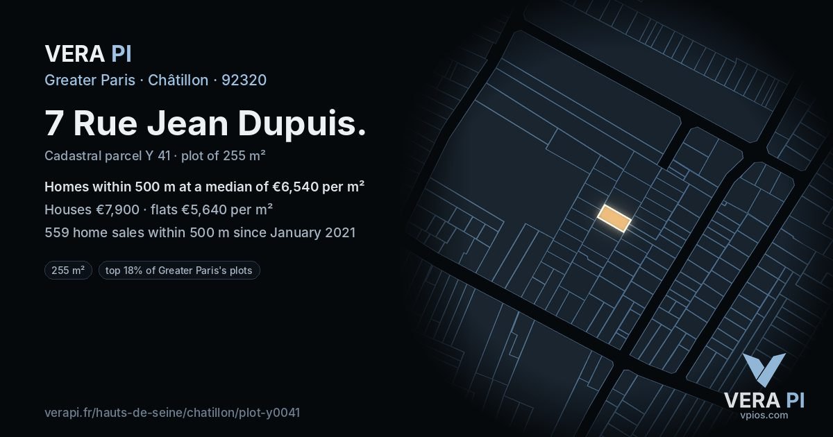 7 Rue Jean Dupuis, Châtillon at night – the plot lit, the parcels around coloured by the prices near them