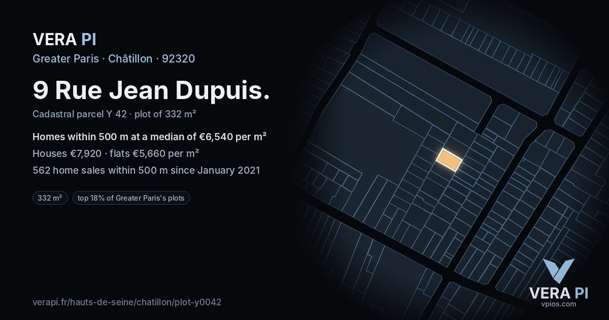 9 Rue Jean Dupuis, Châtillon at night – the plot lit, the parcels around coloured by the prices near them
