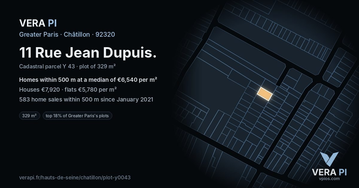 11 Rue Jean Dupuis, Châtillon at night – the plot lit, the parcels around coloured by the prices near them