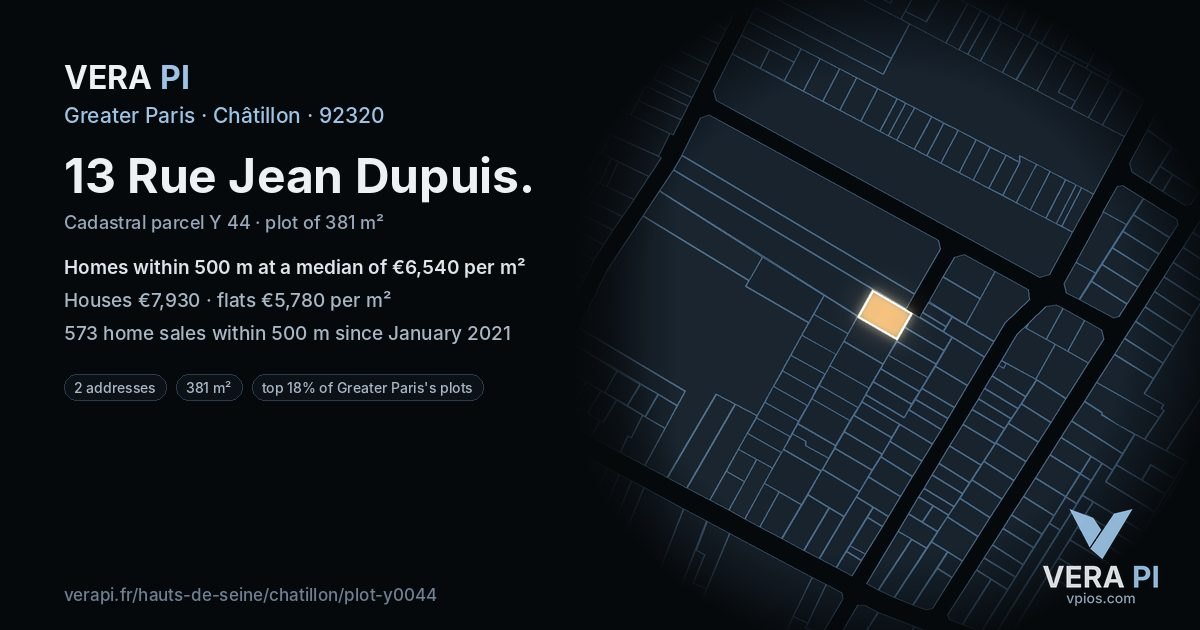 13 Rue Jean Dupuis, Châtillon at night – the plot lit, the parcels around coloured by the prices near them