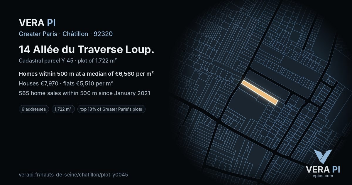 14 Allée du Traverse Loup, Châtillon at night – the plot lit, the parcels around coloured by the prices near them