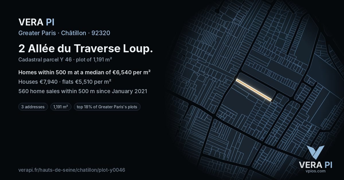 2 Allée du Traverse Loup, Châtillon at night – the plot lit, the parcels around coloured by the prices near them