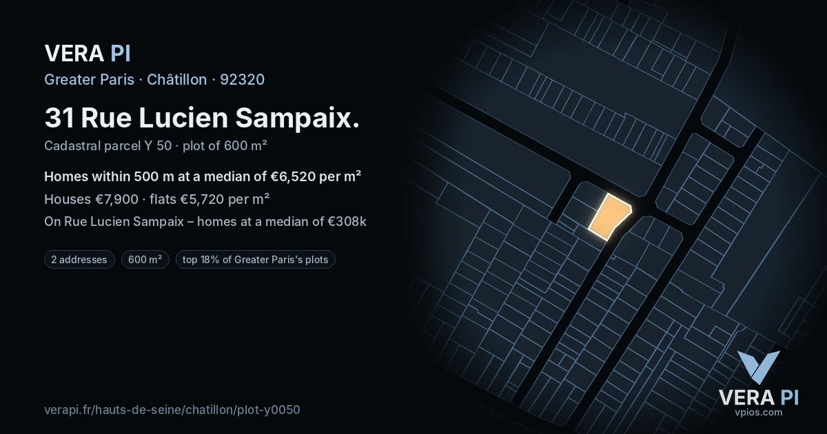 31 Rue Lucien Sampaix, Châtillon at night – the plot lit, the parcels around coloured by the prices near them