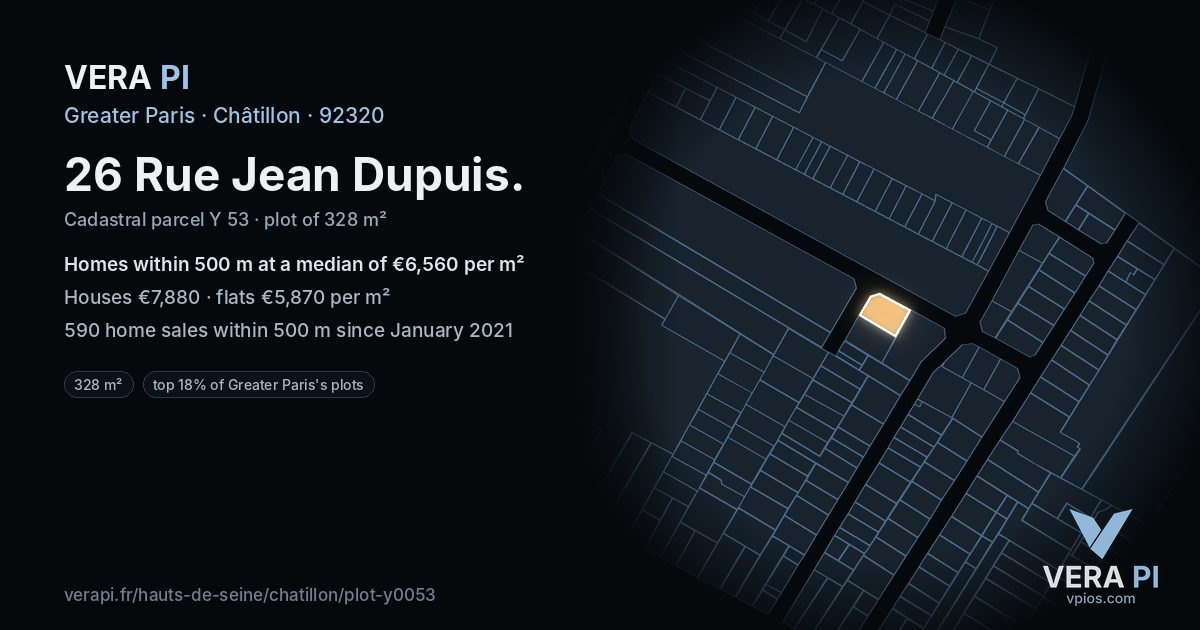 26 Rue Jean Dupuis, Châtillon at night – the plot lit, the parcels around coloured by the prices near them
