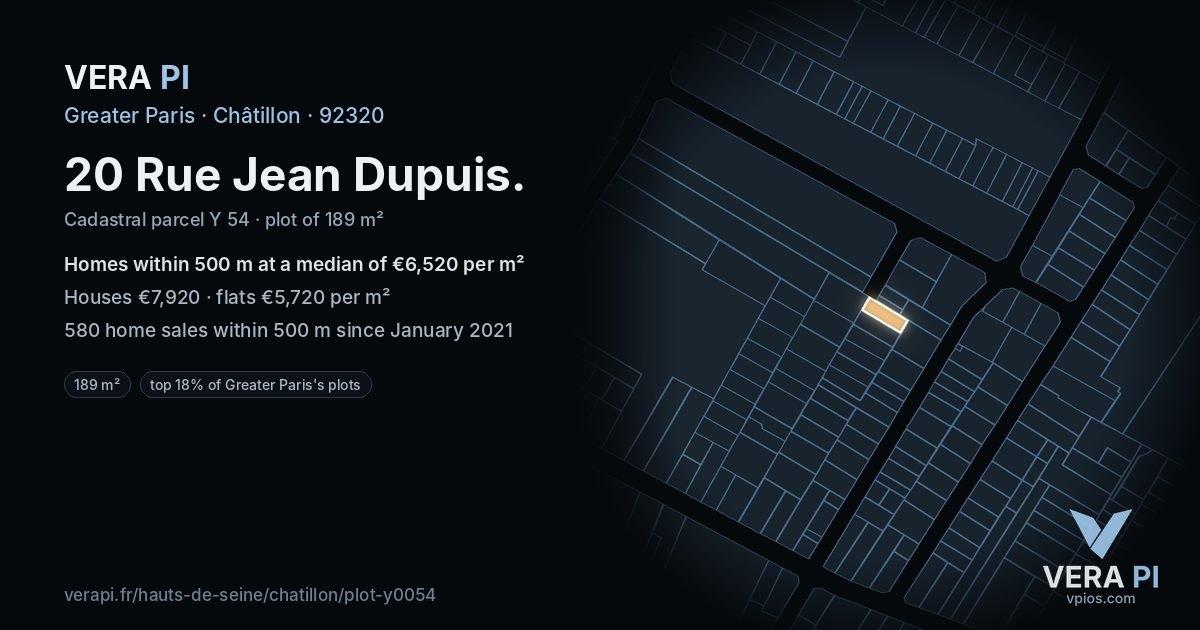 20 Rue Jean Dupuis, Châtillon at night – the plot lit, the parcels around coloured by the prices near them