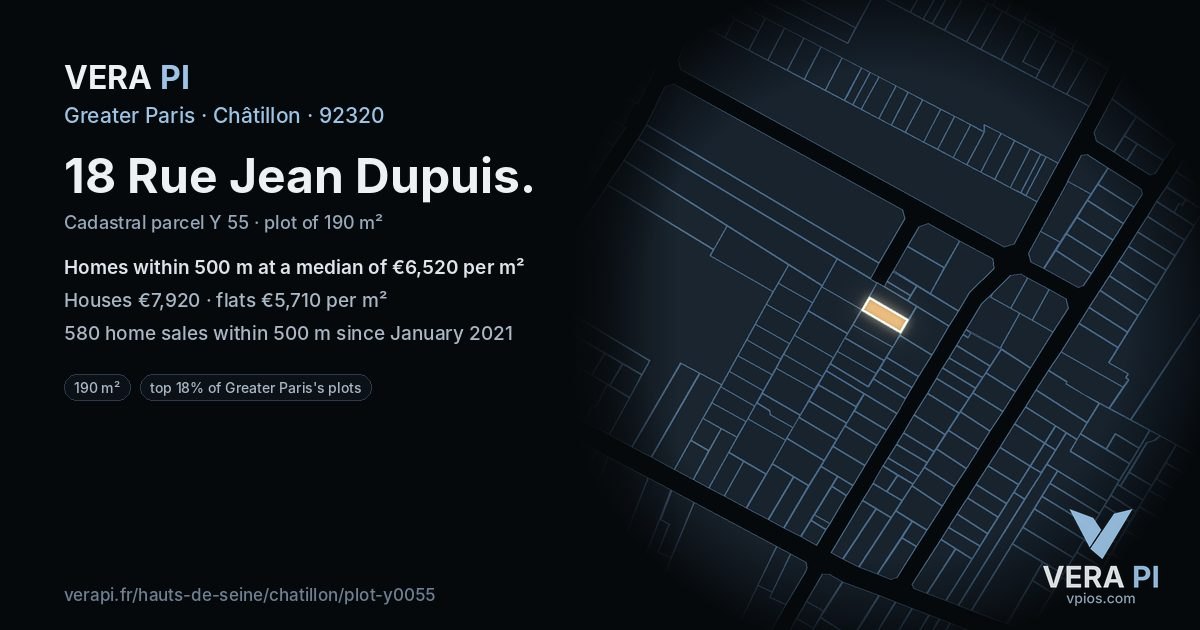 18 Rue Jean Dupuis, Châtillon at night – the plot lit, the parcels around coloured by the prices near them