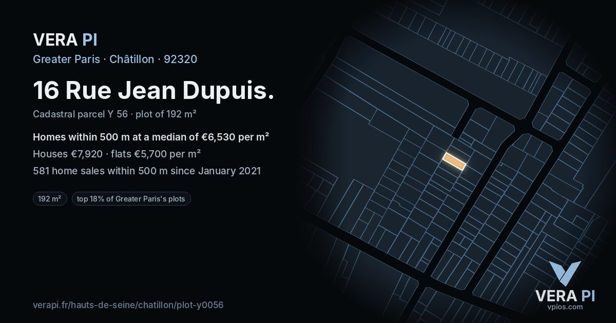 16 Rue Jean Dupuis, Châtillon at night – the plot lit, the parcels around coloured by the prices near them