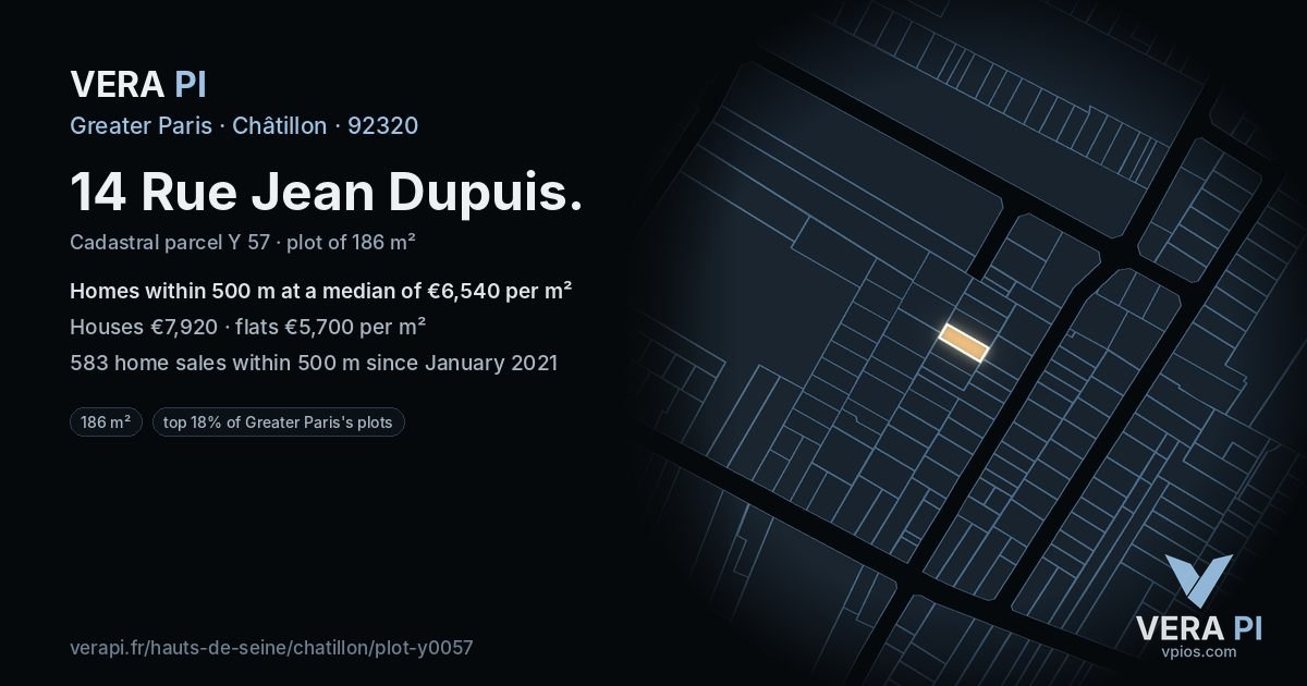 14 Rue Jean Dupuis, Châtillon at night – the plot lit, the parcels around coloured by the prices near them