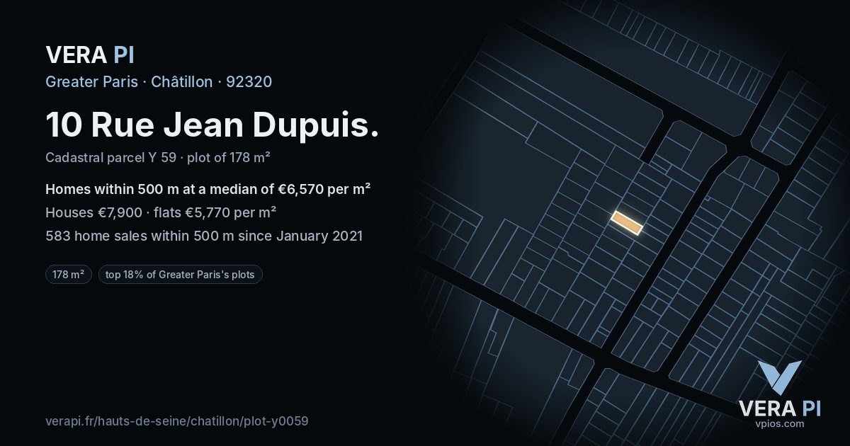 10 Rue Jean Dupuis, Châtillon at night – the plot lit, the parcels around coloured by the prices near them
