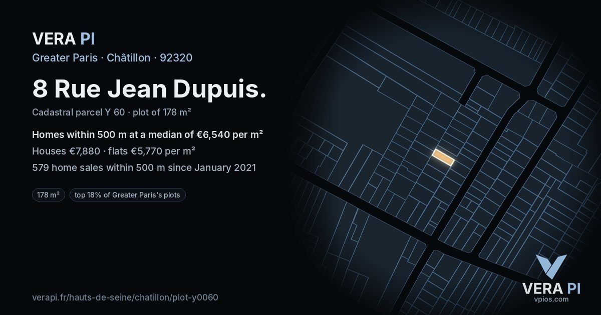 8 Rue Jean Dupuis, Châtillon at night – the plot lit, the parcels around coloured by the prices near them