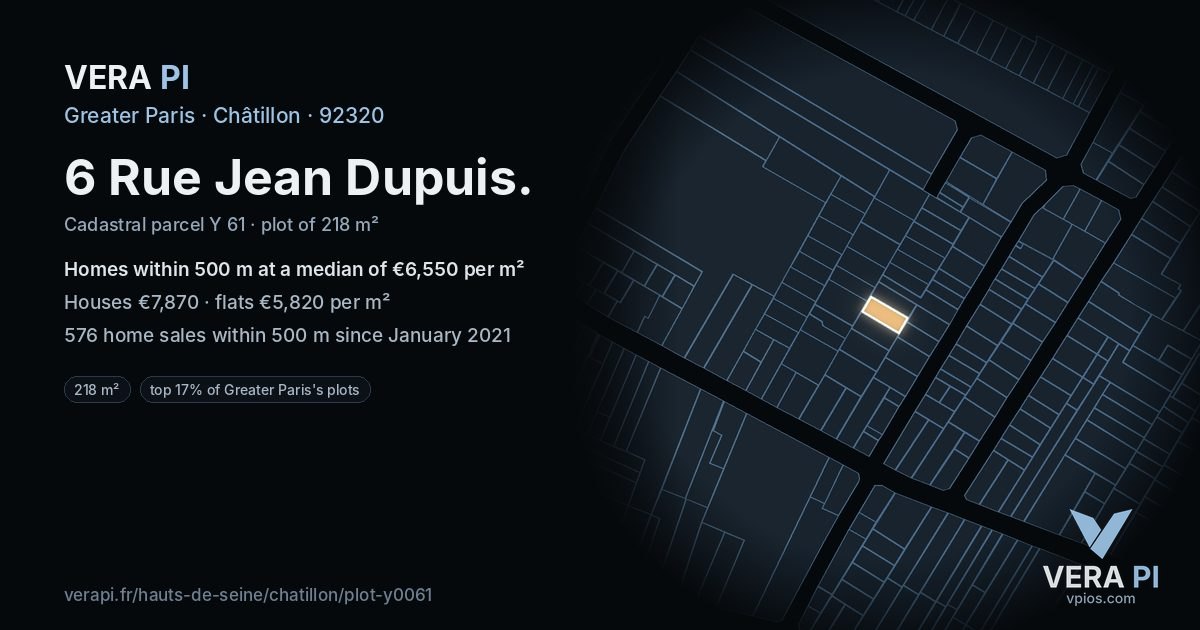 6 Rue Jean Dupuis, Châtillon at night – the plot lit, the parcels around coloured by the prices near them